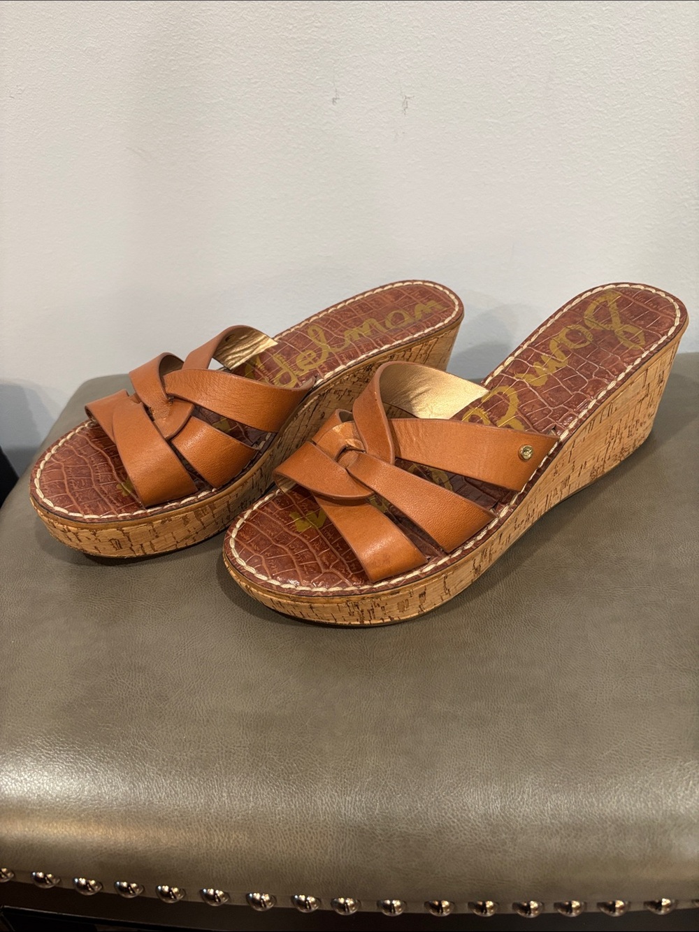 Sam Edelman Cognac Leather Braided Cork Wedge Sandals